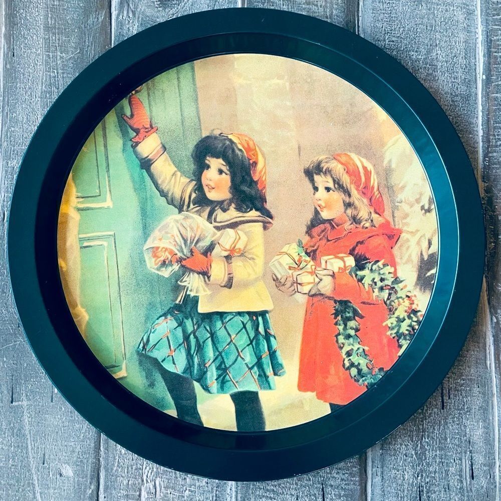 Vintage Christmas Holiday Tin Metal Serving Platter Tray